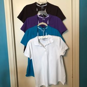 4 for 1! Polo tees Purple, teal, white, & brown